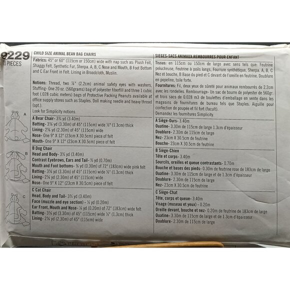 UNCUT Vintage Simplicity Crafts 9229 Child Size Animal Bean Bag Chair Pattern - Picture 2 of 2